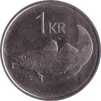 reverse of 1 Króna (1989 - 2011) coin with KM# 27a from Iceland. Inscription: 1 KR