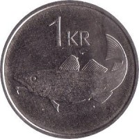 Iceland coin 1 Króna (1989 - 2011) reverse reverse of 1 Króna (1989 - 2011) coin with KM# 27a from Iceland. Inscription: 1 KR