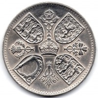 United Kingdom coin 5 Shillings - Elizabeth II - British Exhibition in New York (1960) reverse reverse of 5 Shillings - Elizabeth II - British Exhibition in New York (1960) coin with KM# 909 from United Kingdom. Inscription: 19 60 EF CT