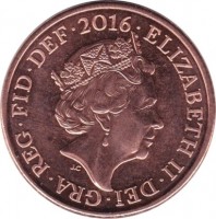 United Kingdom coin 2 Pence - Elizabeth II - 5'th Portrait (2015 - 2017) obverse obverse of 2 Pence - Elizabeth II - 5'th Portrait (2015 - 2017) coin with KM# 1333 from United Kingdom. Inscription: ELIZABETH II ∙ DEI ∙ GRA ∙ REG ∙ FID ∙ DEF ∙ 2015 JC