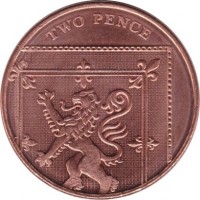 United Kingdom coin 2 Pence - Elizabeth II - 5'th Portrait (2015 - 2017) reverse reverse of 2 Pence - Elizabeth II - 5'th Portrait (2015 - 2017) coin with KM# 1333 from United Kingdom. Inscription: TWO PENCE