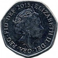 obverse of 50 Pence - 5'th Portrait (2015 - 2017) coin with KM# 1337 from United Kingdom. Inscription: ELIZABETH II ∙ DEI ∙ GRA ∙ REG ∙ FID ∙ DEF ∙ 2015 JC