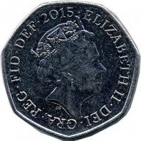 United Kingdom coin 50 Pence - 5'th Portrait (2015 - 2017) obverse obverse of 50 Pence - 5'th Portrait (2015 - 2017) coin with KM# 1337 from United Kingdom. Inscription: ELIZABETH II ∙ DEI ∙ GRA ∙ REG ∙ FID ∙ DEF ∙ 2015 JC