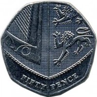 United Kingdom coin 50 Pence - 5'th Portrait (2015 - 2017) reverse reverse of 50 Pence - 5'th Portrait (2015 - 2017) coin with KM# 1337 from United Kingdom. Inscription: FIFTY PENCE