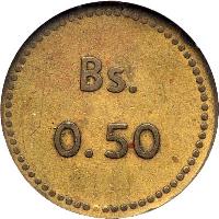 reverse of 0.05 Bolívar - Cabo Blanco Leprosarium Coinage (1936) coin with KM# L13 from Venezuela. Inscription: Bs. 0.50