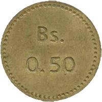 reverse of 0.50 Bolívar - Isla de Providencia Leprosarium Coinage (1939) coin with KM# L21 from Venezuela. Inscription: Bs. 0.50