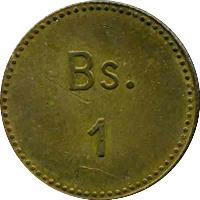 reverse of Bolívar - Isla de Providencia Leprosarium Coinage (1939) coin with KM# L22 from Venezuela. Inscription: Bs. 1