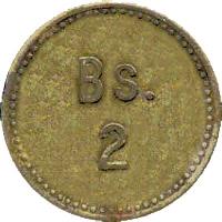 reverse of 2 Bolívares - Isla de Providencia Leprosarium Coinage (1939) coin with KM# L23 from Venezuela. Inscription: Bs. 2