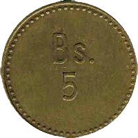 reverse of 5 Bolívares - Isla de Providencia Leprosarium Coinage (1939) coin with KM# L24 from Venezuela. Inscription: Bs. 5