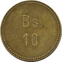 reverse of 10 Bolívares - Isla de Providencia Leprosarium Coinage (1939) coin with KM# L25 from Venezuela. Inscription: Bs. 10