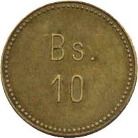 Venezuela coin 10 Bolívares - Isla de Providencia Leprosarium Coinage (1939) reverse reverse of 10 Bolívares - Isla de Providencia Leprosarium Coinage (1939) coin with KM# L25 from Venezuela. Inscription: Bs. 10