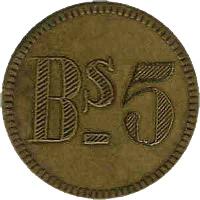 reverse of 5 Bolívares - Maracaibo Leprosarium Coinage (1913 - 1916) coin with KM# L7 from Venezuela. Inscription: Bs.5