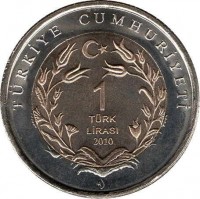 reverse of 1 Lira - Fauna: Turkish Angora Cat (2010) coin with KM# 1279 from Turkey. Inscription: TÜRKİYE CUMHURİYETİ 1 TÜRK LİRASI 2010