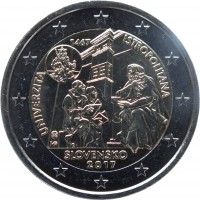 obverse of 2 Euro - 550 Years of University Istropolitana (2017) coin from Slovakia. Inscription: 1467 UNIVERZITA ISTROPOLITANA SLOVENSKO 2017