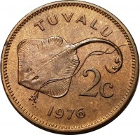 reverse of 2 Cents - Elizabeth II - 2'nd Portrait (1976 - 1985) coin with KM# 2 from Tuvalu. Inscription: TUVALU 2c 1985