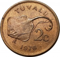 Tuvalu coin 2 Cents - Elizabeth II - 2'nd Portrait (1976 - 1985) reverse reverse of 2 Cents - Elizabeth II - 2'nd Portrait (1976 - 1985) coin with KM# 2 from Tuvalu. Inscription: TUVALU 2c 1985