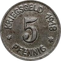 reverse of 5 Pfennig - Ratibor (Stadt, Silesia) (1918) coin with F# 438.1 from Germany. Inscription: KRIEGSGELD 1918 * 5 * PFENNING