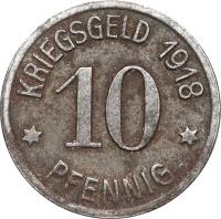 reverse of 10 Pfennig - Ratibor (Stadt, Silesia) (1918) coin with F# 438.2 from Germany. Inscription: KRIEGSGELD 1918 * 10 * PFENNING