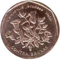 reverse of 5 Escudos - Flora of Cabo Verde Islands: Contra Bruxas (1994) coin with KM# 31 from Cape Verde. Inscription: Campanula jacobaea Webb CONTRA BRUXAS