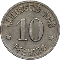 reverse of 10 Pfennig - Neidenburg (Stadt, Ostpreußen) (1918) coin with F# 359.2 from Germany. Inscription: KRIEGSGELD 1918 10 PFENNIG