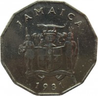 obverse of 1 Cent - Elizabeth II - FAO - Wide legend letters (1975 - 2002) coin with KM# 64 from Jamaica. Inscription: JAMAICA OUT OF MANY ONE PEOPLE 1990