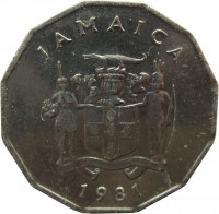 Jamaica coin 1 Cent - Elizabeth II - FAO - Wide legend letters (1975 - 2002) obverse obverse of 1 Cent - Elizabeth II - FAO - Wide legend letters (1975 - 2002) coin with KM# 64 from Jamaica. Inscription: JAMAICA OUT OF MANY ONE PEOPLE 1990
