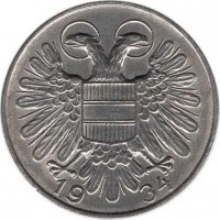 reverse of 1 Schilling (1934 - 1935) coin with KM# 2851 from Austria. Inscription: 19 34