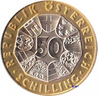 Austria coin 50 Schilling - European Monetary Union (1999) reverse reverse of 50 Schilling - European Monetary Union (1999) coin with KM# 3057 from Austria. Inscription: REPUBLIK ÖSTERREICH 50 · SCHILLING ·