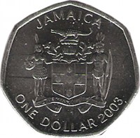 obverse of 1 Dollar - Elizabeth II - Heptagonal (1994 - 2008) coin with KM# 164 from Jamaica. Inscription: JAMAICA ONE DOLLAR 1996 OUT OF MANY, ONE PEOPLE