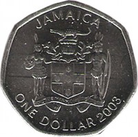 Jamaica coin 1 Dollar - Elizabeth II - Heptagonal (1994 - 2008) obverse obverse of 1 Dollar - Elizabeth II - Heptagonal (1994 - 2008) coin with KM# 164 from Jamaica. Inscription: JAMAICA ONE DOLLAR 1996 OUT OF MANY, ONE PEOPLE