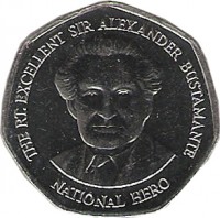 reverse of 1 Dollar - Elizabeth II - Heptagonal (1994 - 2008) coin with KM# 164 from Jamaica. Inscription: THE RT. EXCELLENT SIR ALEXANDER BUSTAMANTE NATIONAL HERO