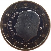 obverse of 1 Euro - Felipe VI (2015 - 2017) coin with KM# 1327 from Spain. Inscription: ESPAÑA 2016 M