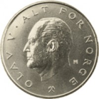 obverse of 1 Krone - Olav V (1974 - 1991) coin with KM# 419 from Norway. Inscription: OLAF V ALT FOR NORGE HØ