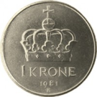 reverse of 1 Krone - Olav V (1974 - 1991) coin with KM# 419 from Norway. Inscription: 1 KRONE 1981 K