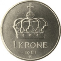 Norway coin 1 Krone - Olav V (1974 - 1991) reverse reverse of 1 Krone - Olav V (1974 - 1991) coin with KM# 419 from Norway. Inscription: 1 KRONE 1981 K