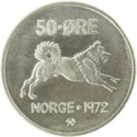 reverse of 50 Øre - Olav V (1958 - 1973) coin with KM# 408 from Norway. Inscription: 50 · ØRE NORGE · 1972