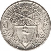 obverse of 1 Lira - Pius XII (1942 - 1946) coin with KM# 35 from Vatican City. Inscription: PIVS XII PONTIFEX MAXIMVS ANNO IV 19 42