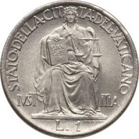 reverse of 1 Lira - Pius XII (1942 - 1946) coin with KM# 35 from Vatican City. Inscription: STATO DELLA CITA DEL VATICANO IVST ITIA L 1.