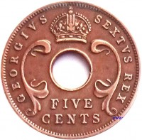 obverse of 5 Cents - George VI (1949 - 1952) coin with KM# 33 from British East Africa. Inscription: GEORGIUS SEXTUS REX FIVE CENTS