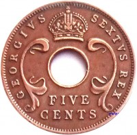 British East Africa coin 5 Cents - George VI (1949 - 1952) obverse obverse of 5 Cents - George VI (1949 - 1952) coin with KM# 33 from British East Africa. Inscription: GEORGIUS SEXTUS REX FIVE CENTS