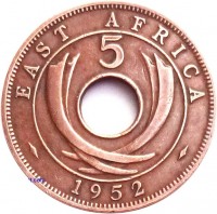 reverse of 5 Cents - George VI (1949 - 1952) coin with KM# 33 from British East Africa. Inscription: EAST AFRICA 5 1952