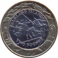 reverse of 2 Pounds - Elizabeth II - 30th Anniversary of Falkland Coinage (2004) coin with KM# 137 from Falkland Islands. Inscription: FALKLAND ISLANDS TWO POUNDS