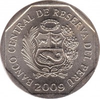 Peru coin 1 Nuevo Sol - 1'st Type (1991 - 2011) obverse obverse of 1 Nuevo Sol - 1'st Type (1991 - 2011) coin with KM# 308 from Peru. Inscription: BANCO CENTRAL DE RESERVA DEL PERÚ 2002