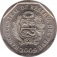 obverse of 1 Nuevo Sol - 1'st Type (1991 - 2011) coin with KM# 308 from Peru. Inscription: BANCO CENTRAL DE RESERVA DEL PERÚ 2002