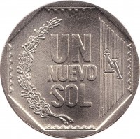 reverse of 1 Nuevo Sol - 1'st Type (1991 - 2011) coin with KM# 308 from Peru. Inscription: UN NUEVO SOL