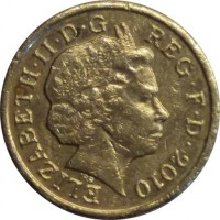 obverse of 1 Pound - Elizabeth II - Regional Capitals: England - 4'th Portrait (2010) coin with KM# 1158 from United Kingdom. Inscription: ELIZABETH · II · D · G REG · F · D · 2010 IRB