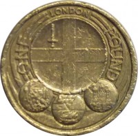United Kingdom coin 1 Pound - Elizabeth II - Regional Capitals: England - 4'th Portrait (2010) reverse reverse of 1 Pound - Elizabeth II - Regional Capitals: England - 4'th Portrait (2010) coin with KM# 1158 from United Kingdom. Inscription: LONDON ONE POUND