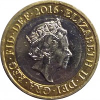 obverse of 2 Pounds - Elizabeth II - Britannia - 5'th Portrait (2015 - 2017) coin from United Kingdom. Inscription: ELIZABETH · II · DEI · GRA · REG · FID · DEF · 2016