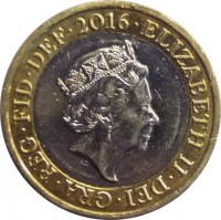 United Kingdom coin 2 Pounds - Elizabeth II - Britannia - 5'th Portrait (2015 - 2017) obverse obverse of 2 Pounds - Elizabeth II - Britannia - 5'th Portrait (2015 - 2017) coin from United Kingdom. Inscription: ELIZABETH · II · DEI · GRA · REG · FID · DEF · 2016