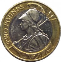 reverse of 2 Pounds - Elizabeth II - Britannia - 5'th Portrait (2015 - 2017) coin from United Kingdom. Inscription: TWO POUNDS